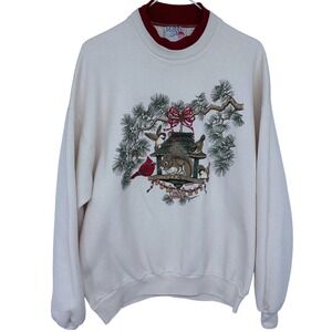 Vintage 90s Squirrel in Birdhouse Graphic Sweatshirt XL Morning Sun Birds Nature